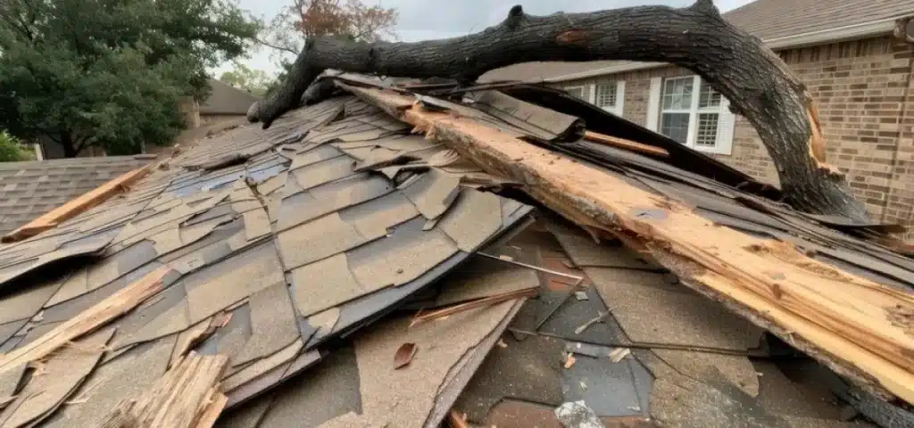 Signs of wind damage on a roof in Kansas City